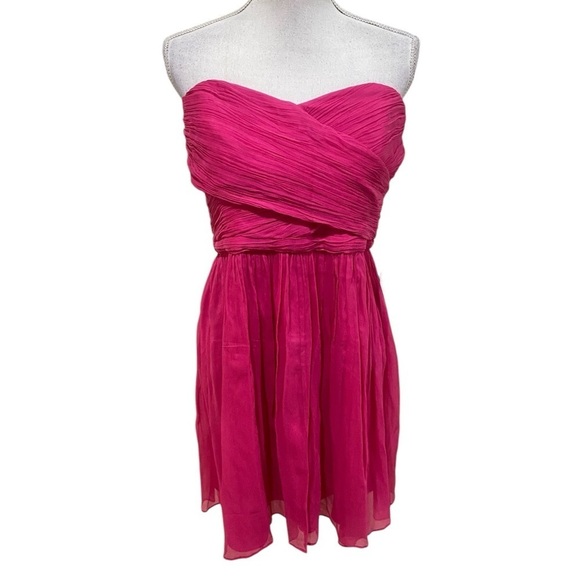 NWT J Crew hot fuchsia pink 100% silk lined strapless mini dress full skirt 16 - Picture 1 of 12
